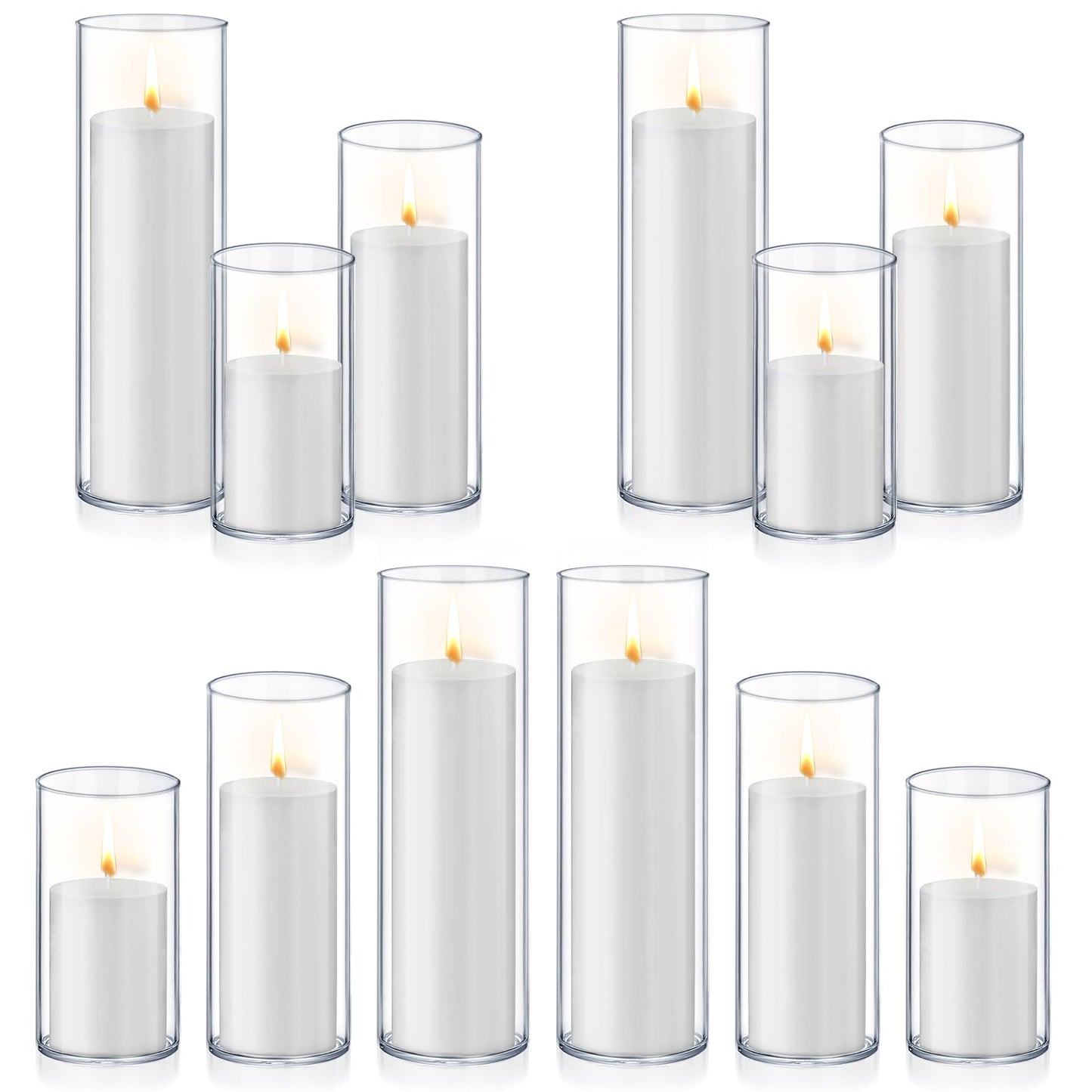 Homjoy 24 PCS White Pillar Candles with Glass Candle Holders Clear Hurricane Candle Holders Glass Cylinder Vases for Centerpieces Wedding Party, Event, Home Office (12 Candles+12 Candle Hoders)