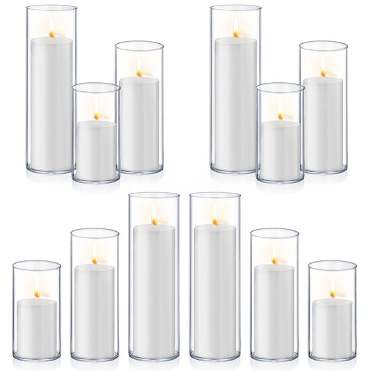 Homjoy 24 PCS White Pillar Candles with Glass Candle Holders Clear Hurricane Candle Holders Glass Cylinder Vases for Centerpieces Wedding Party, Event, Home Office (12 Candles+12 Candle Hoders)