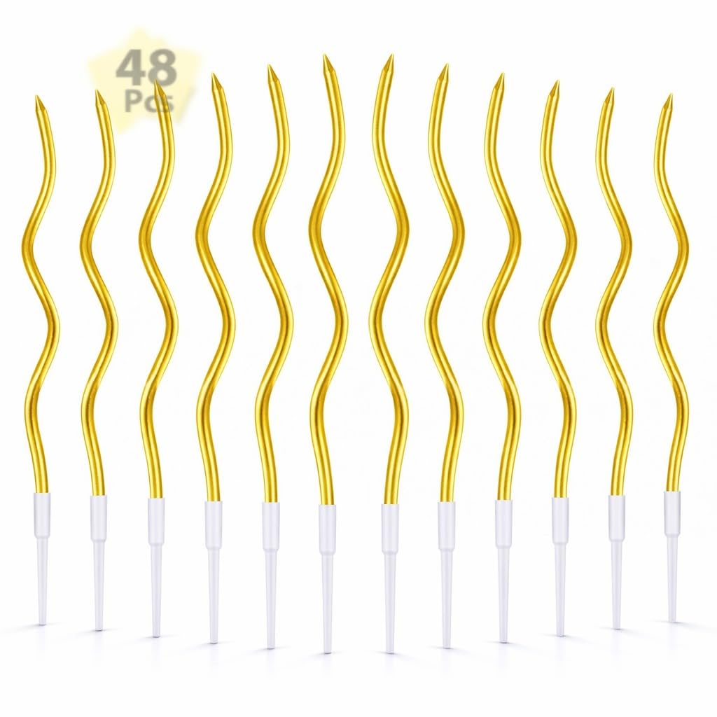 Cloud 48 PCS Metallic Gold Spiral Cake Candles with Holders, Long Twisty Curly Birthday Candles for Cake & Cupcake Decoration, Party Supplies