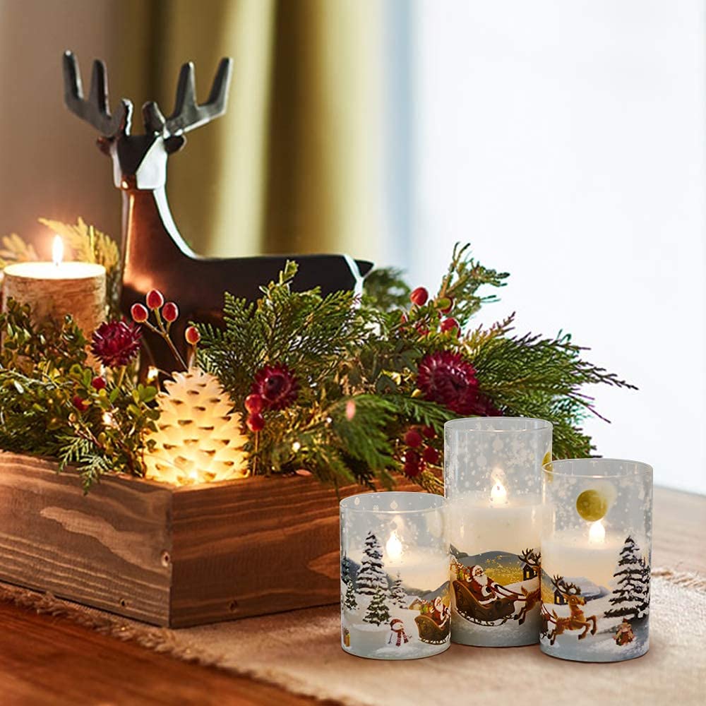 Eldnacele Santa Claus Glass Flameless Candle with Remote Timer Battery Operated Flickering LED Pillar Candles 3 Pack Warm White Light Christmas Decal Candles Set of 3 (D3” x H 4” 5” 6”) – Santa Sleigh