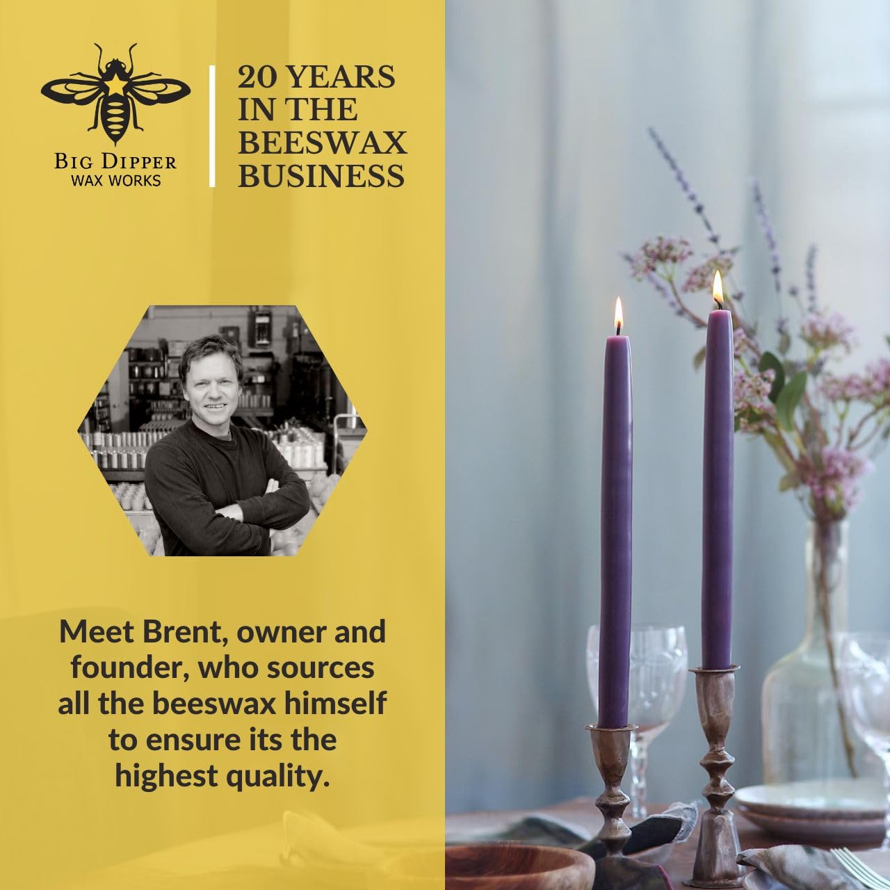 Big Dipper Wax Works Eggplant Purple Hand-Dipped Beeswax Taper Candles – 12” x 7/8”, 2-Pack, 100% Pure Beeswax, Long Burning, Clean, Cotton Wick, Handmade in USA, Home Décor & Wedding Candles