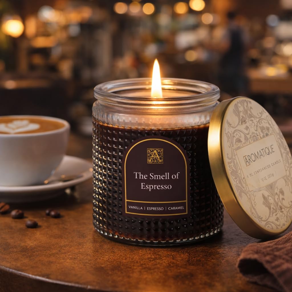 Aromatique, Smell of Espresso, Textured, Elegant Candle with Metal Lid, Home Fragrance for Relaxing Atmosphere, 6 oz, Mother's Day Gifts, Bridal Showers, Anniversaries, Holiday Gifts.