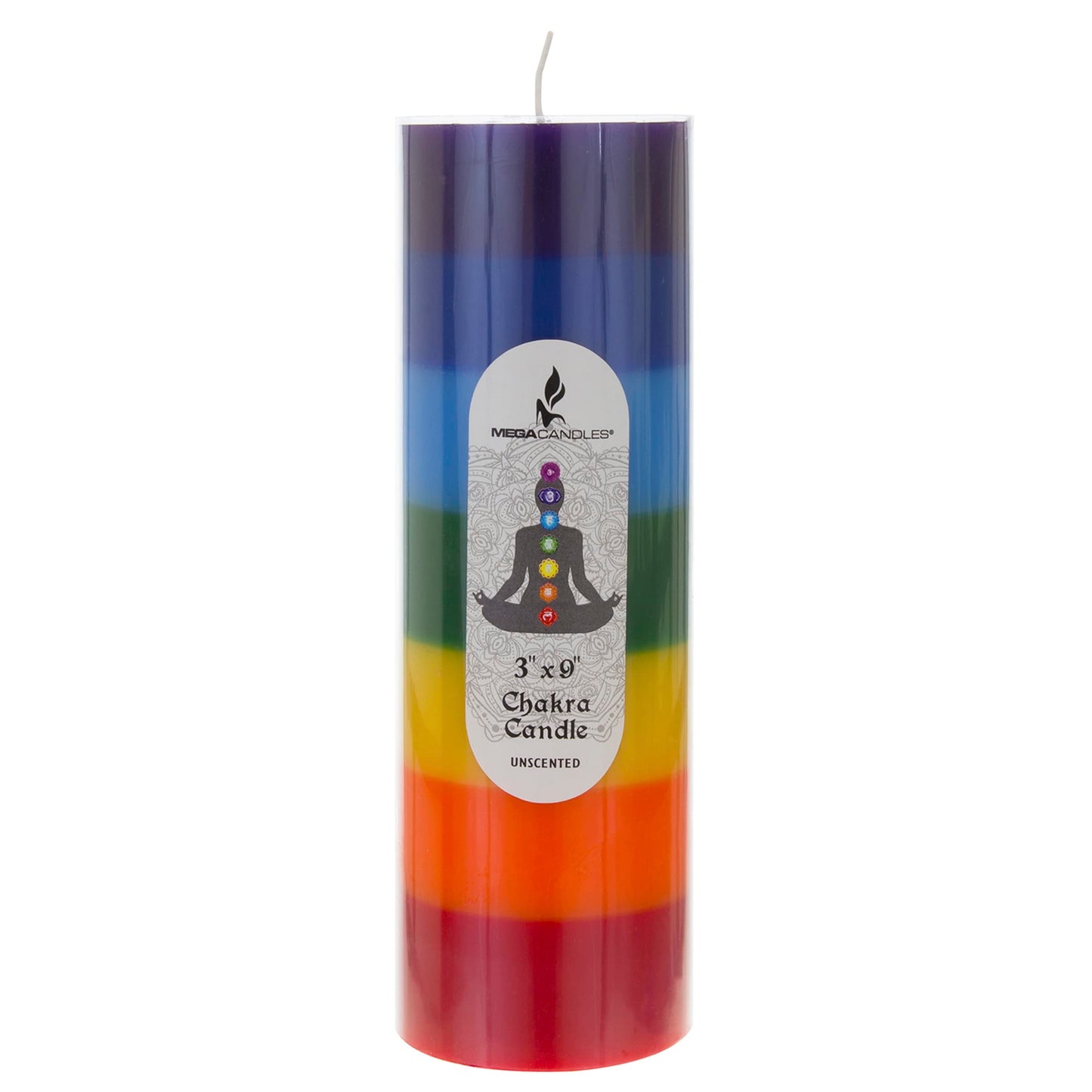 Mega Candles Unscented Multi Color Solid Pillar Chakra Candles, Hand Poured Premium Wax Candle 3 Inch x 9 Inch, 100% Cotton Wick, Positive Healing Energy, Meditation, Relaxation, Reiki, Yoga