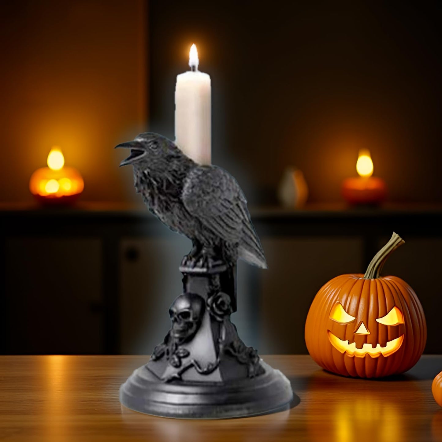 Gothic Black Cat Candle Holder Statue,Resin Cat Candlestick Holder,Halloween Gothic Tabletop Decor for Home,Dining Table & Party,Witchy Cat Figurine Gift (Crow)