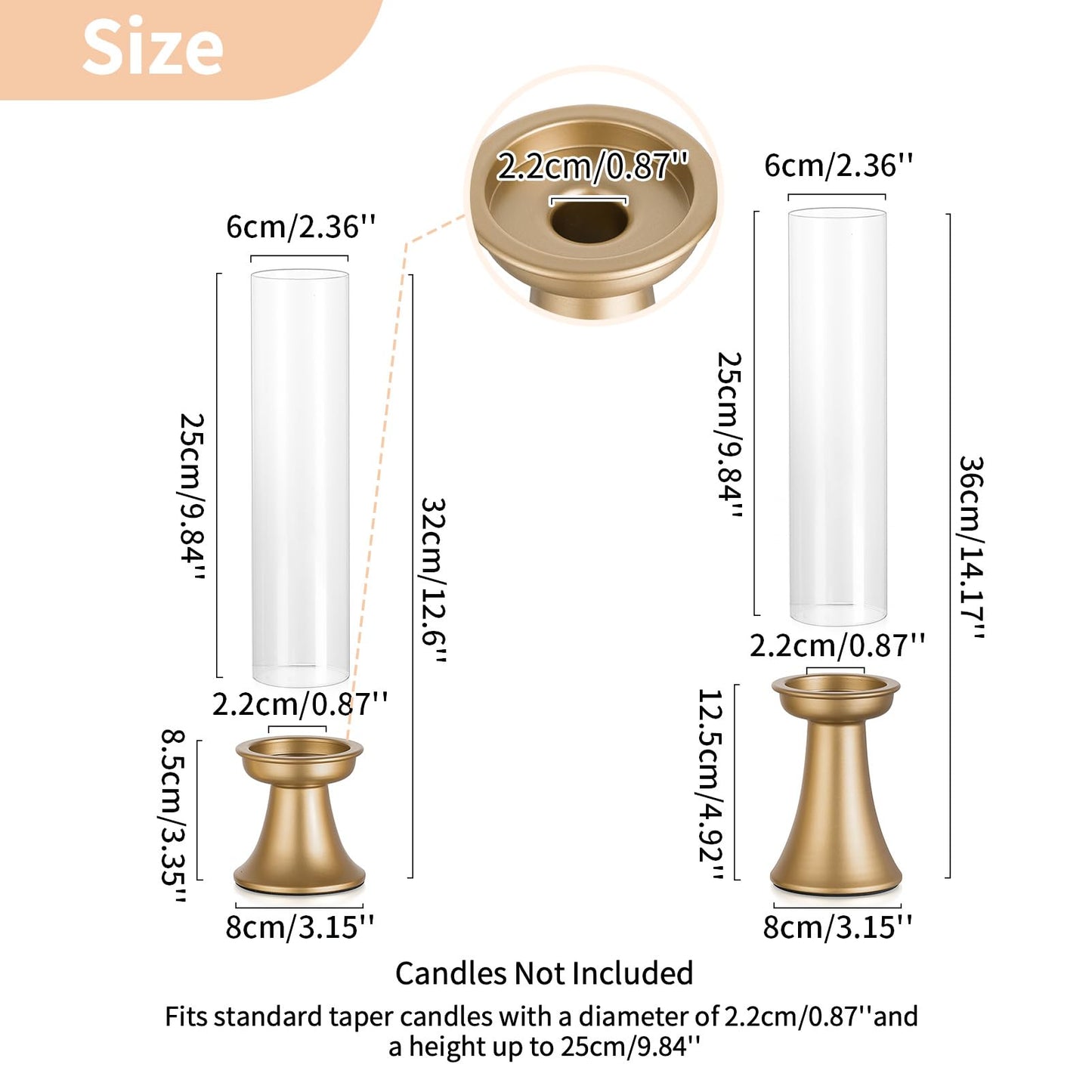NUPTIO Gold Candlestick Holder for Centerpiece: Set of 6 Hurricane Taper Candle Holders with Glass Cylinder Sleeve - Bulk Brass Candles Stand for Thanksgiving Christmas Holiday Party Decor