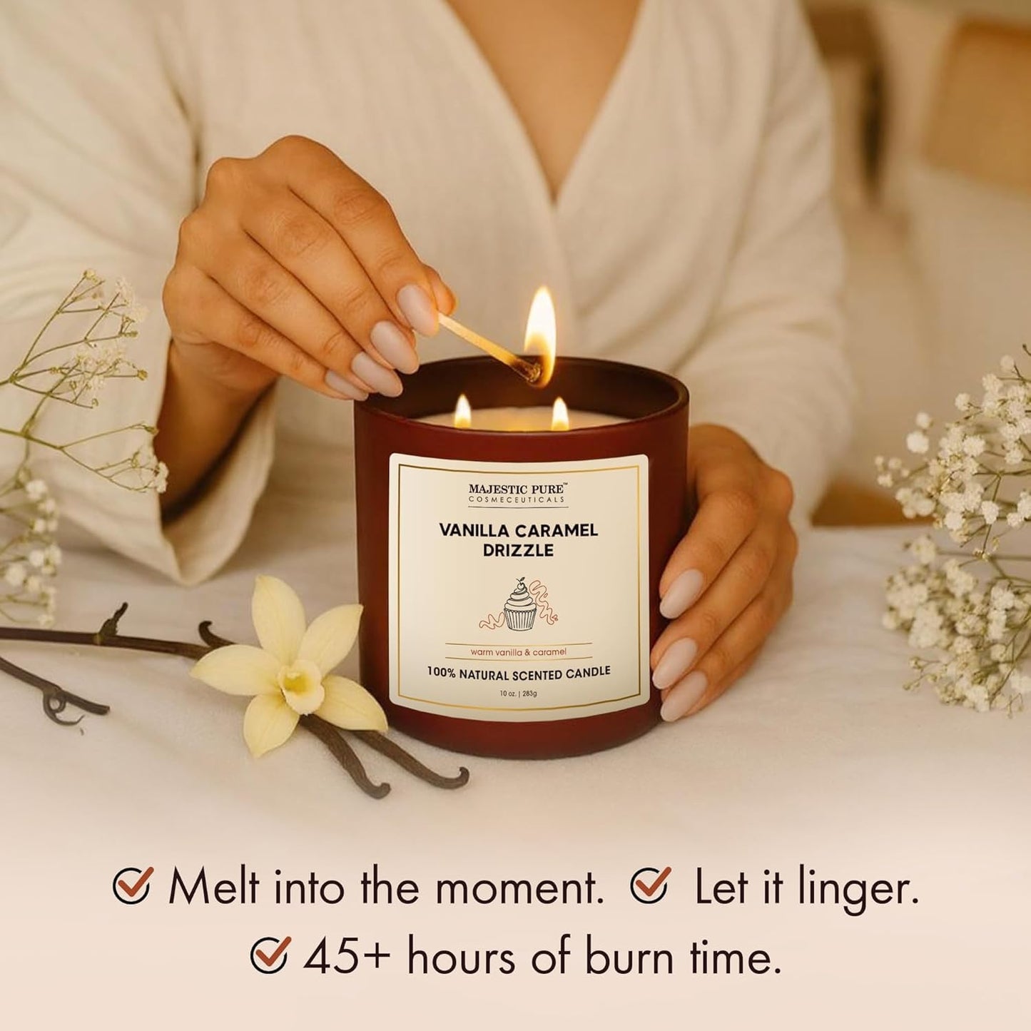 Majestic Pure Vanilla Caramel Scented Candle with Upto 45+ Hrs Burn Time, 2-Wick Candle, Soy Wax Blend for Cleaner Consistent Burn, 10 oz Jar Candle with Room Filling Fragrance, Drizzle