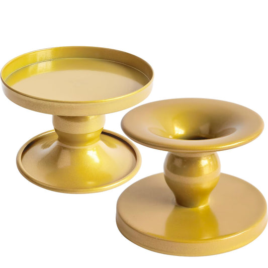 Table Gold Candle Holders – Set of 2 | Reversible Metal Candle Stand for Pillar & Taper Candles | Stylish Tabletop Candle Tray for Home Décor, Weddings & Special Occasions (Gold)