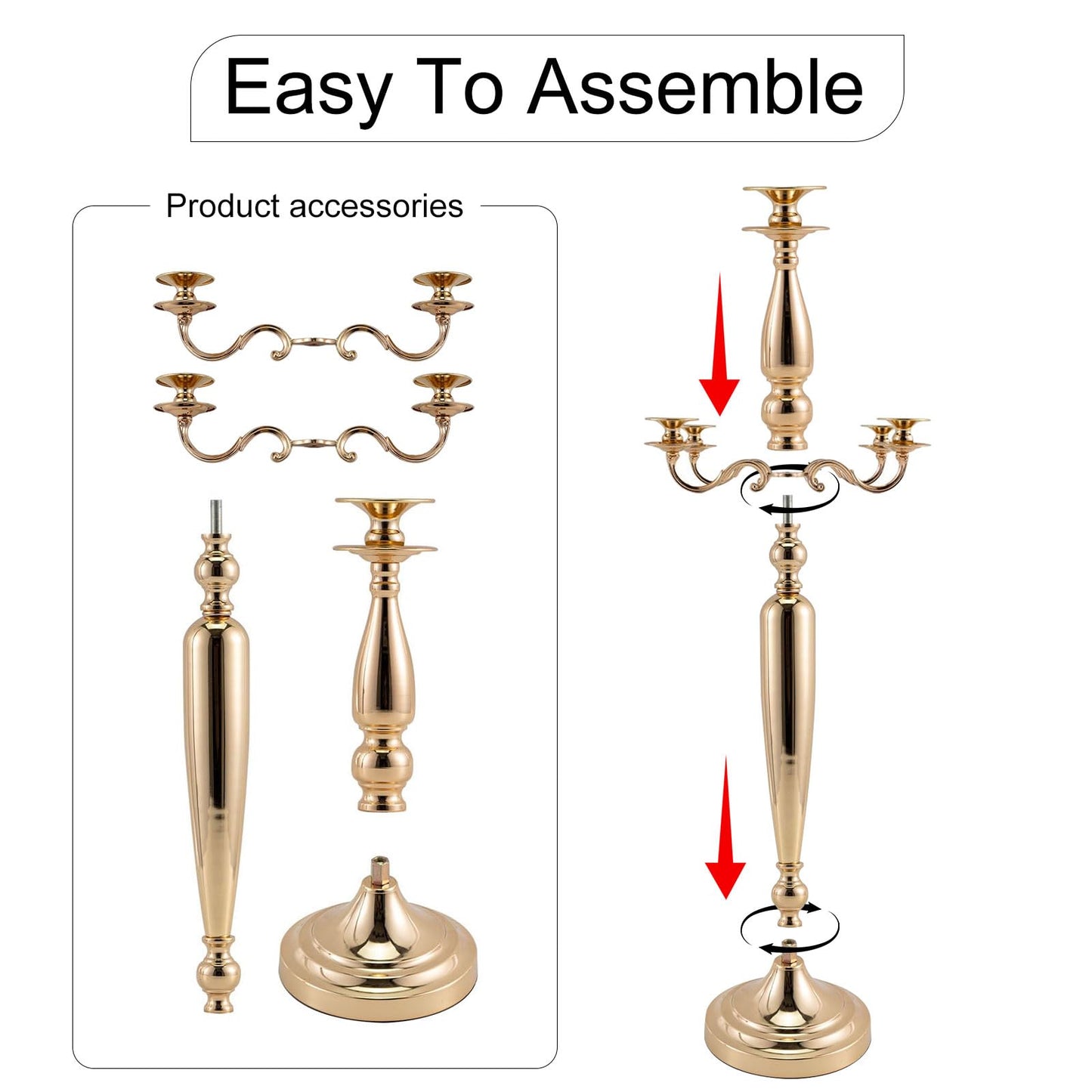 Vincidern 28'' Tall Gold 5 Arm Candelabra Centerpieces for Table, 4pcs Taper Candle Holder for Wedding Decoration, Party, Event, Christmas Candelabra