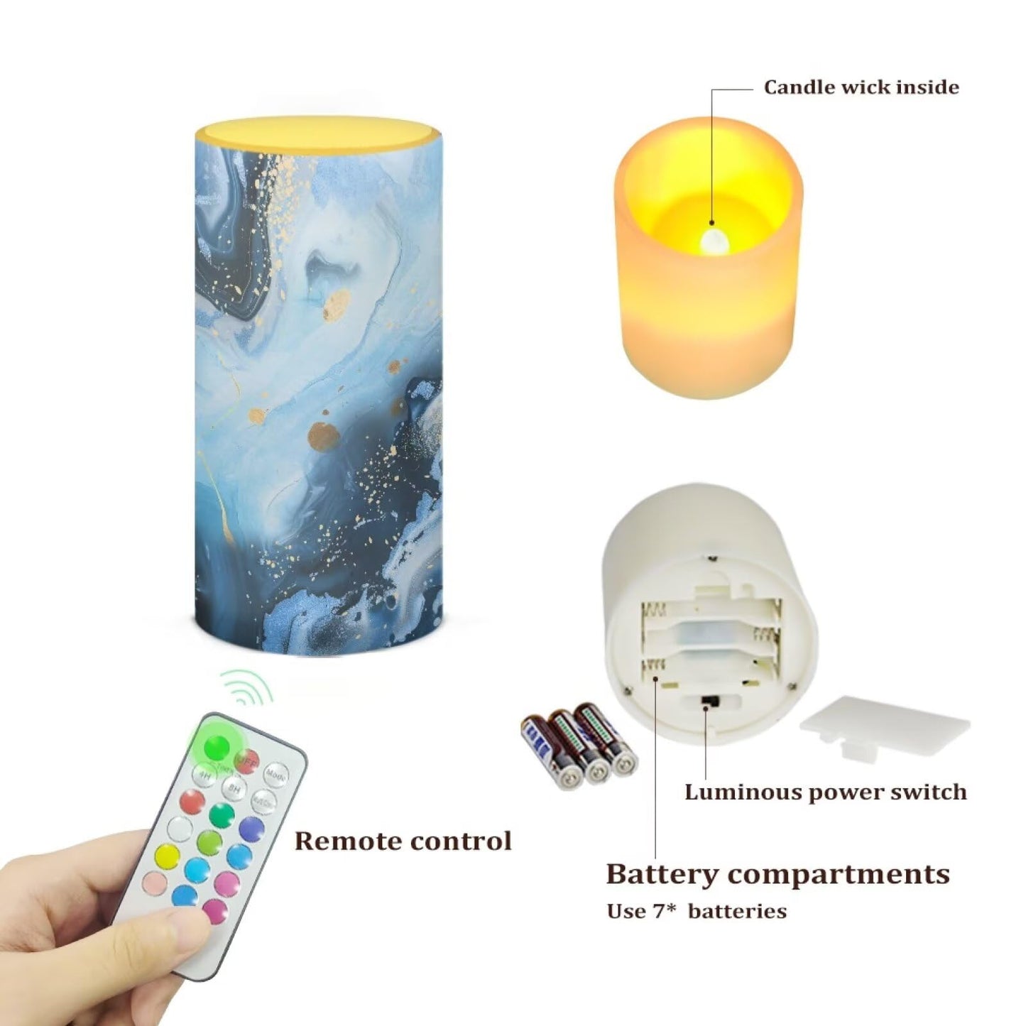 Merkmak Pack of 1 Blue Marble Flameless Candles Battery Operated Candles with Remote and Timers Flickering LED Elictric Pillar Tealights for Outdoor Indoor Home Decoration