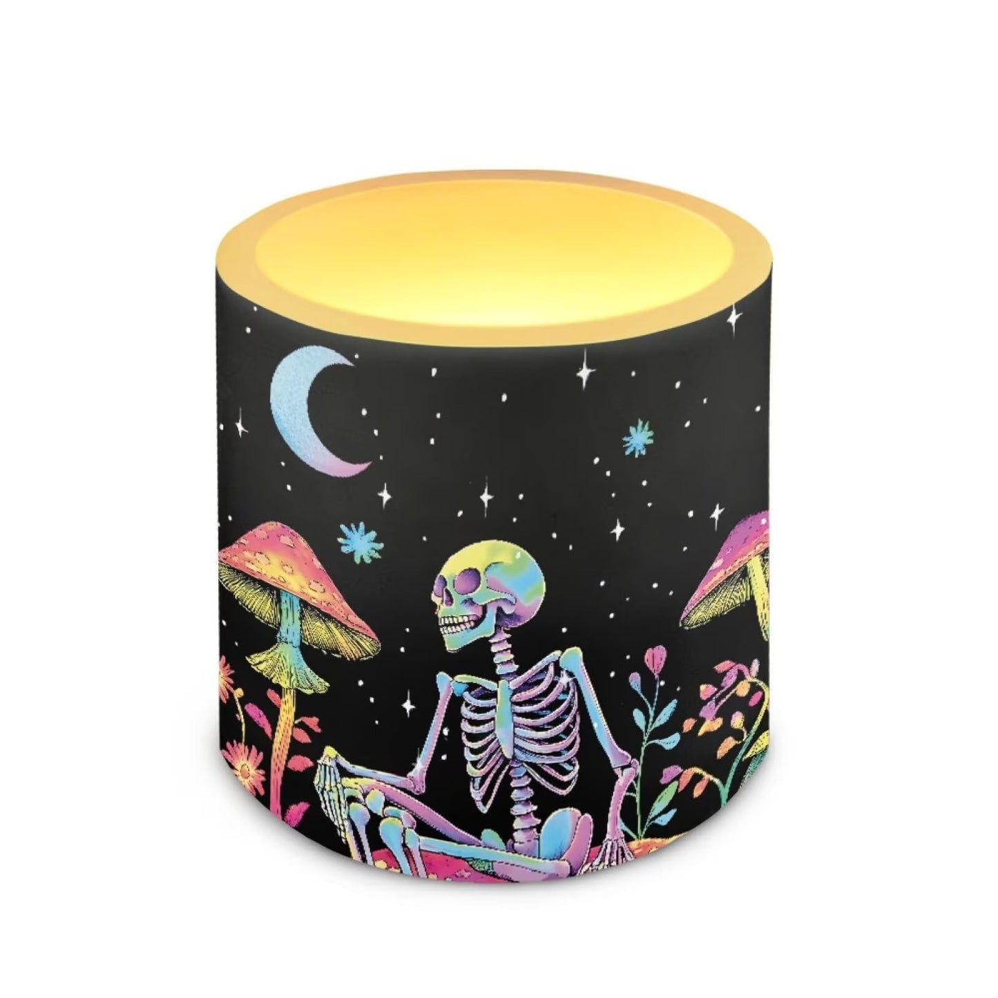 Merkmak Flickering Flameless Candles with Remote Battery Operated Candles with Timer Control 4Pcs LED Pillar Tea Lights for Party Banquet Home Decor, Skeleton Mushroom Moon