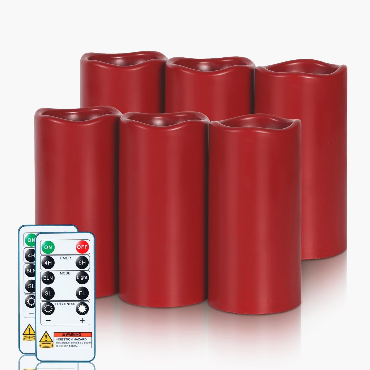 Amagic 3"x6" Red Flameless Candles with Remote, Christmas Candles Battery Operated with Timer, Waterproof LED Pillar Candles for Thanksgiving Table, Home, Outdoor Decor, Plastic, Set of 6