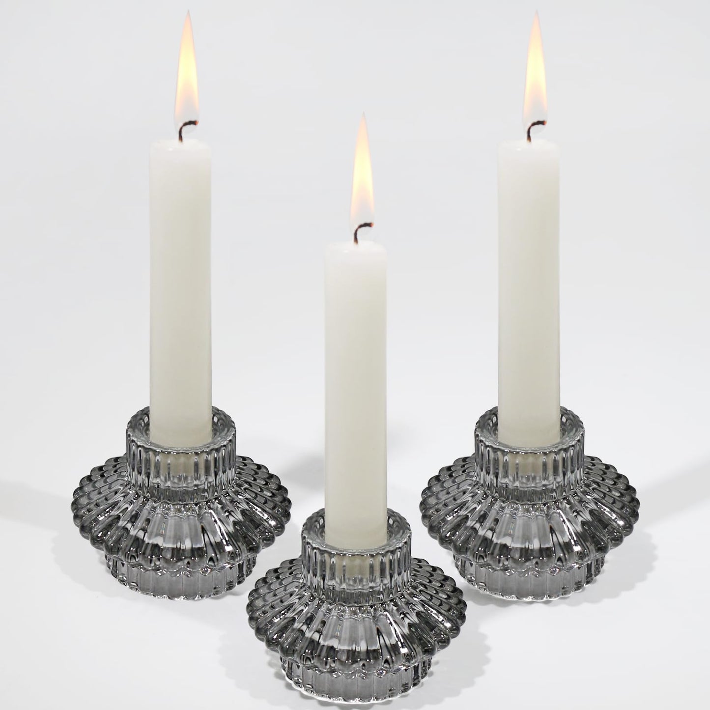 CHOCSTAY Reversible Candlestick Holders Set of 3, Gray Glass Taper and Tealight Candle Holders for Table Centerpiece, Wedding, Party, Home Decor