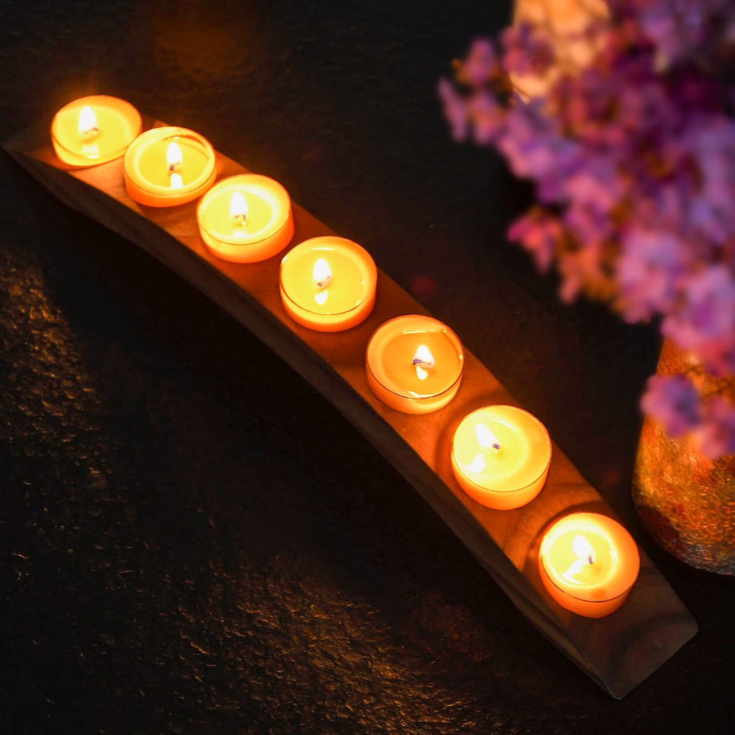 Long Wooden Bridge Tealight Candle Holder, 7 Holes - Candle Centerpieces for Tables - Rustic Wooden Color