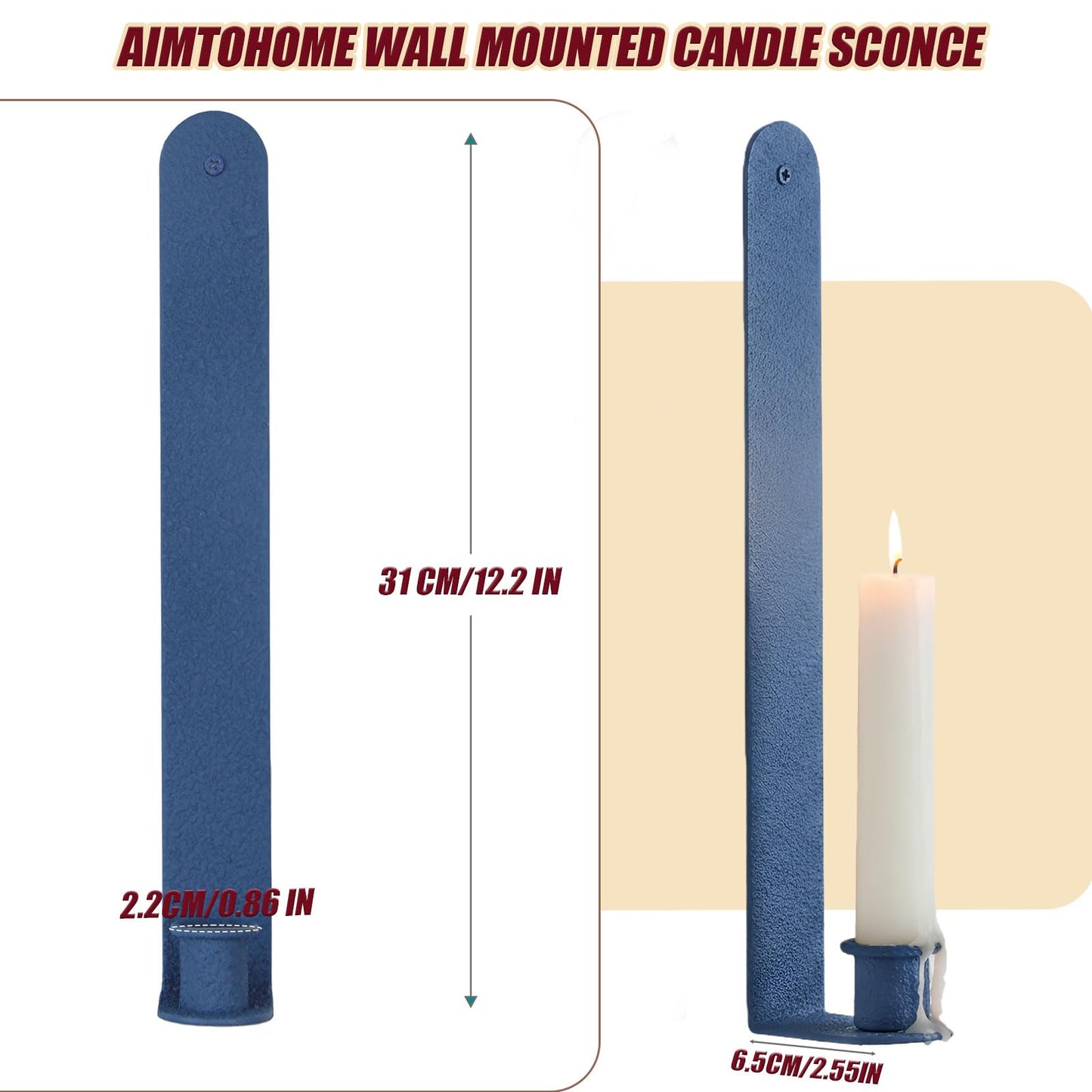 AimtoHome Wall Candle Sconces Set of 2, Classic Iron Farmhouse Holders for Taper Candles, Rustic-Textured Powder-Coated Wall Mounted in Blue for Living Room, Hallway Decor