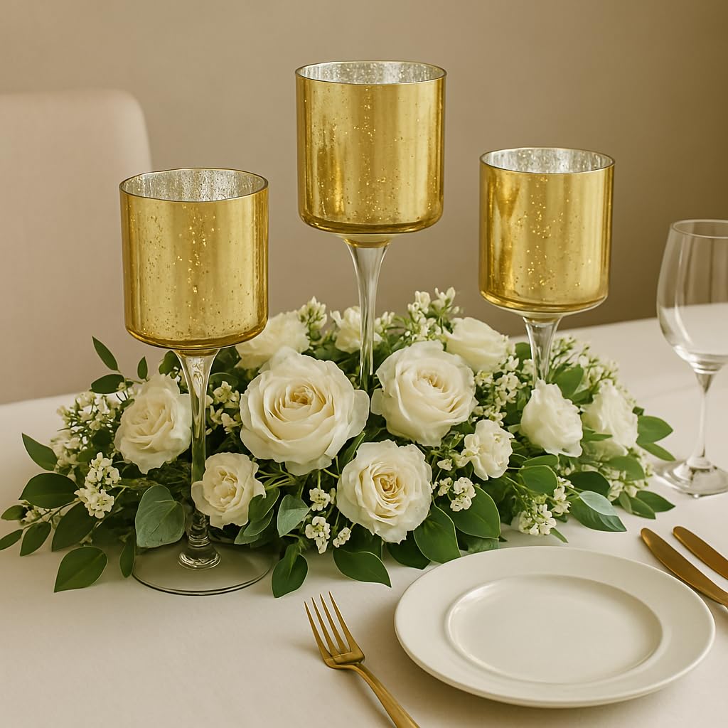 Koyal Wholesale 3Pcs Tall Candle Holder Set of 3 Floating Candle Vases, Stem Candle Holders Gold Glass Floating Candle Holders for Table Centerpiece Tealight Holder Wedding Centerpiece Home Decor
