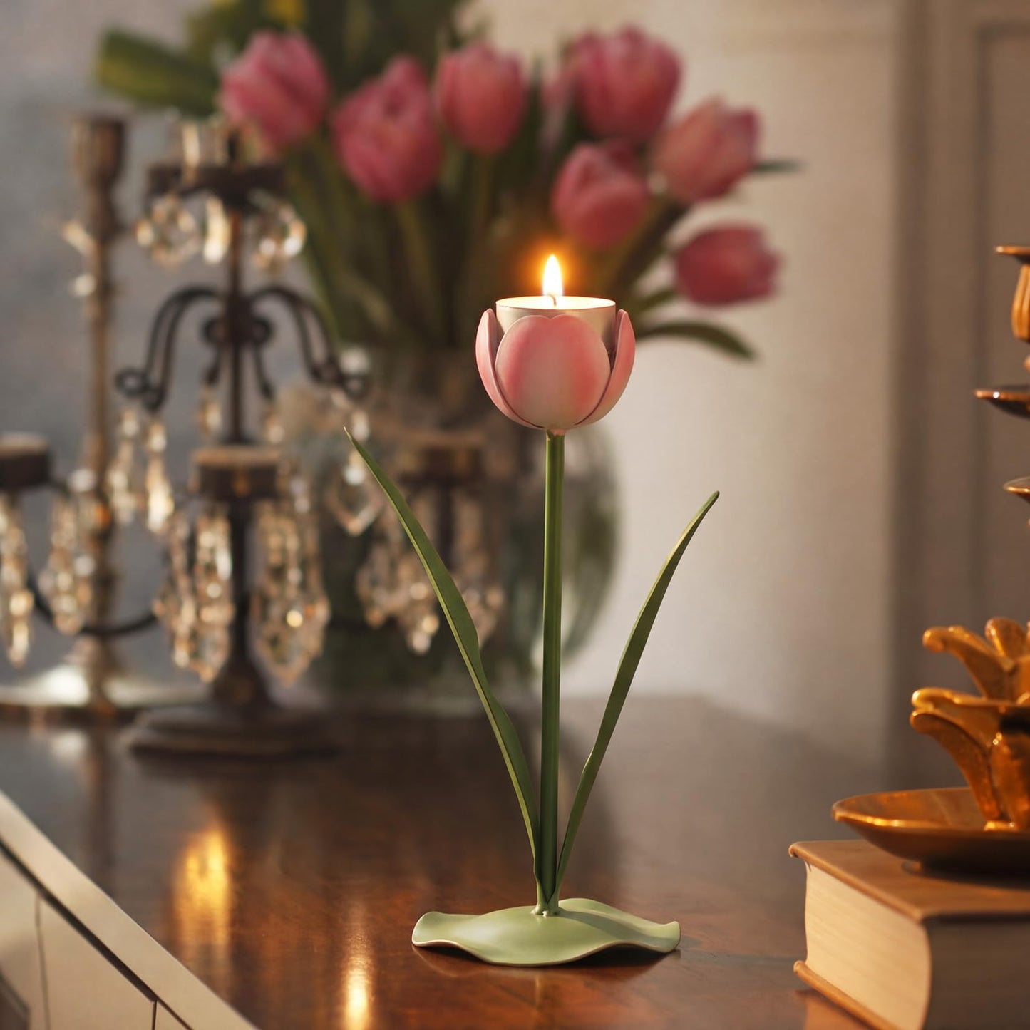 Remerry 9.4" x 3" Spring Tulips Candle Holders Spring Pink Flower Tealight Candle Stick Holder for Tealight Holder Table Centerpieces Wedding Holiday Tabletop Decor Anniversary Engagement Gift