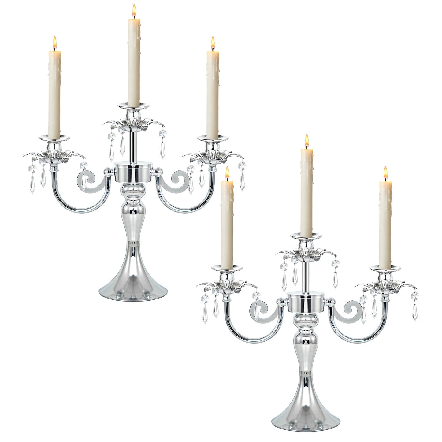 KEHAIL Metal 3 Arm Candelabra with Crystal Pendants - 11.8 Inch Tall Candle Holders, Set of 2 - Elegant Taper Candlestick Stand for Wedding, Dining Table, Christmas Party Home Decoration (2, Silver)