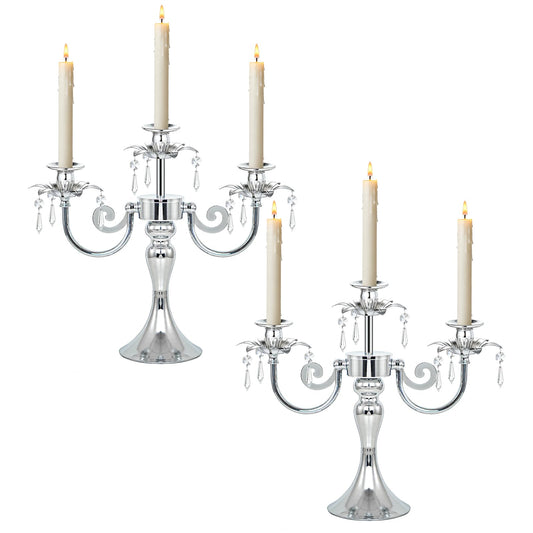 KEHAIL Metal 3 Arm Candelabra with Crystal Pendants - 11.8 Inch Tall Candle Holders, Set of 2 - Elegant Taper Candlestick Stand for Wedding, Dining Table, Christmas Party Home Decoration (2, Silver)