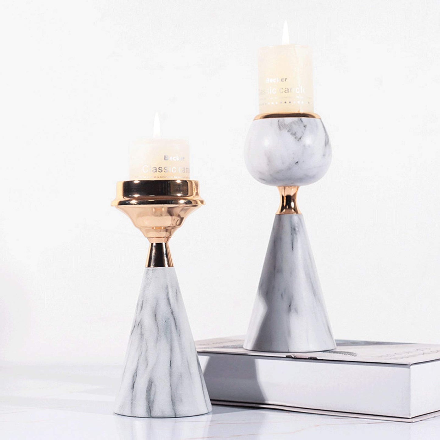 XILIN-1987 Candle Holderss Modern Wrought Iron Candle Holder Imitation Marble Metal Candlestick， Decorative Candlestick Holder for Wedding, Dinning, Party (Pack of 2) Decorative Candlestick