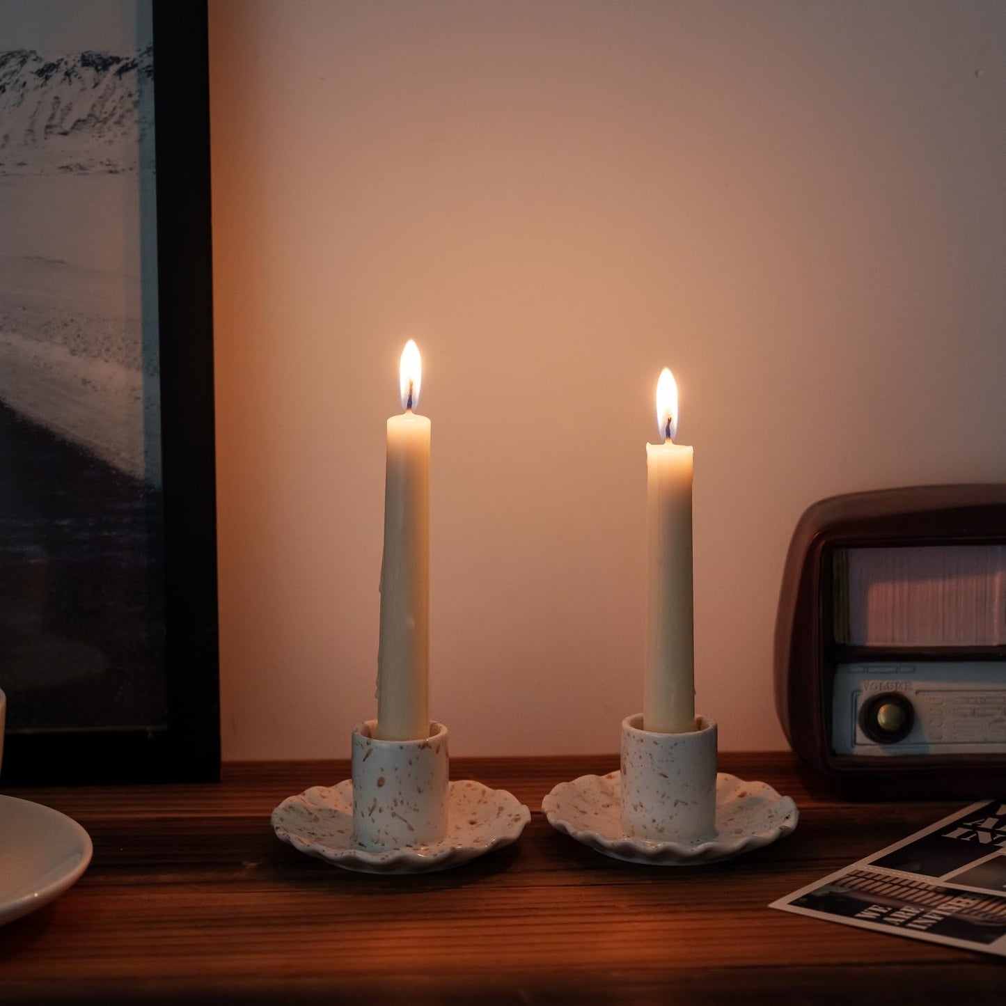 VIRFONOR Ceramic Taper Candle Holders for Table Centerpiece, Decorative Candlestick Holders for Home Wedding Party, Housewarming Gifts, Pack of 2, Round Shape, White with Brown Splatter Ink Design