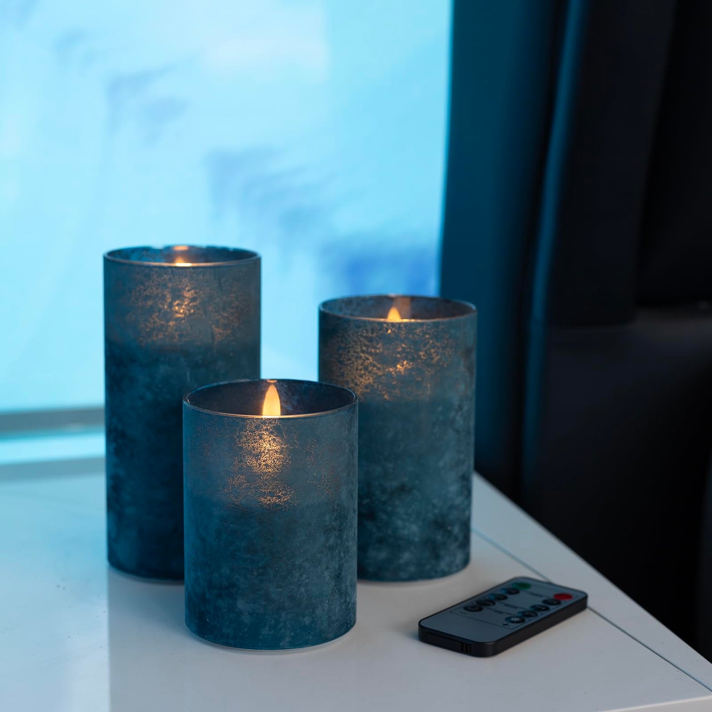 ANGELLOONG Blue Flameless Candles with Remote, Flickering Led Candles with Timer, Electric Pillar Candles for Bathroom Kitchen Room Home Decor, Sandblast Blue