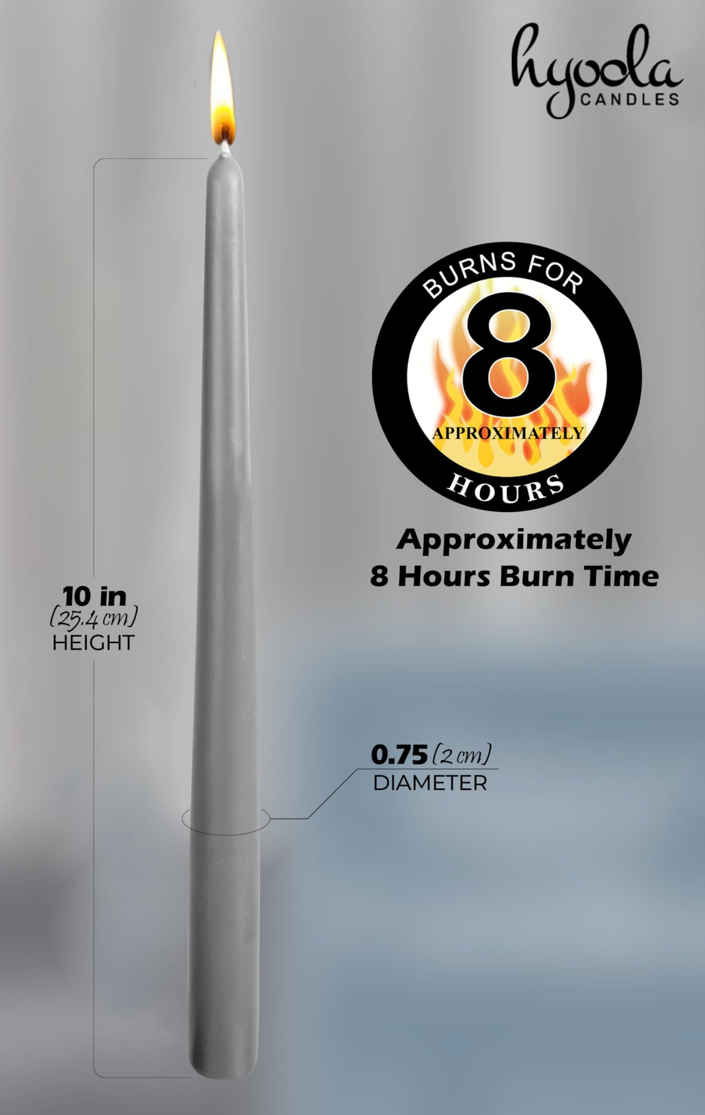 Hyoola Tall Taper Candles - 10 Inch Dripless, Unscented Dinner Candle, Paraffin Wax with Cotton Wicks - 8 Hour Burn Time, Dark Grey (Pack of 12)