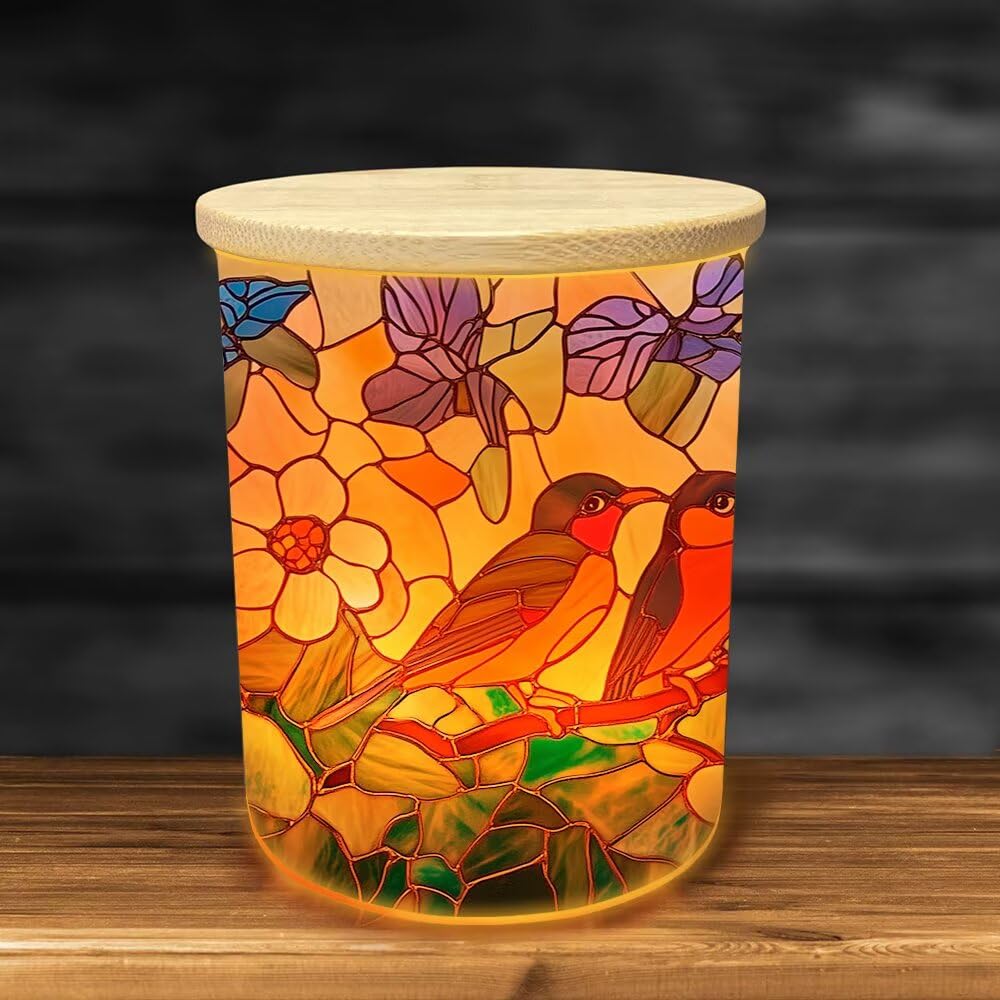Stained Glass Birds Tea Light Candle Holders, Spring Blossoms Tealight Candle Holder Jar with Wooden Lid, Votive Candlesticks for Table Centerpieces, Christmas,Birthday Party,Home Decor