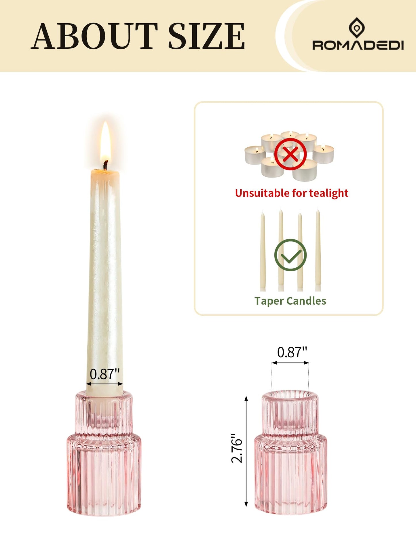 Romadedi Pink Glass Candle Holders - 10 Pcs Ribbed Candlestick Holder Bulk for Table Centerpiece Elegant Taper Holder for Wedding Birthday Party Baby Showers Valentines Mother's Day Christmas