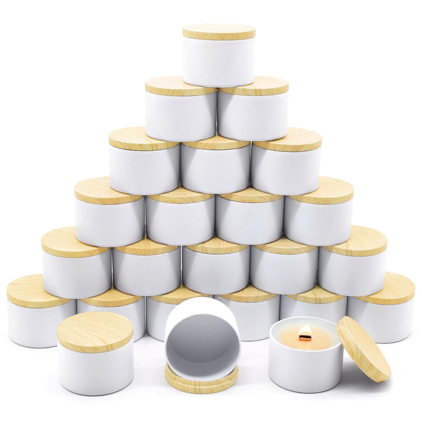 YJHSS 24-Pack 8oz Candle Tins with Wood-Grain Printing Lids, Metal Candle Jars for Candle Making, Empty Containers Vessels Bulk for Small Business & Beginners DIY Storage -Wood White