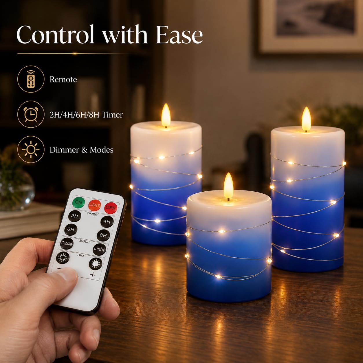 haitanghua flameless Candle Set of 3, with Fairy Light String, Remote Control Timer, Real Wax LED Candle Pillars, 3D Flame Effect, Battery Operated, Gradient Blue Home Decor Candles