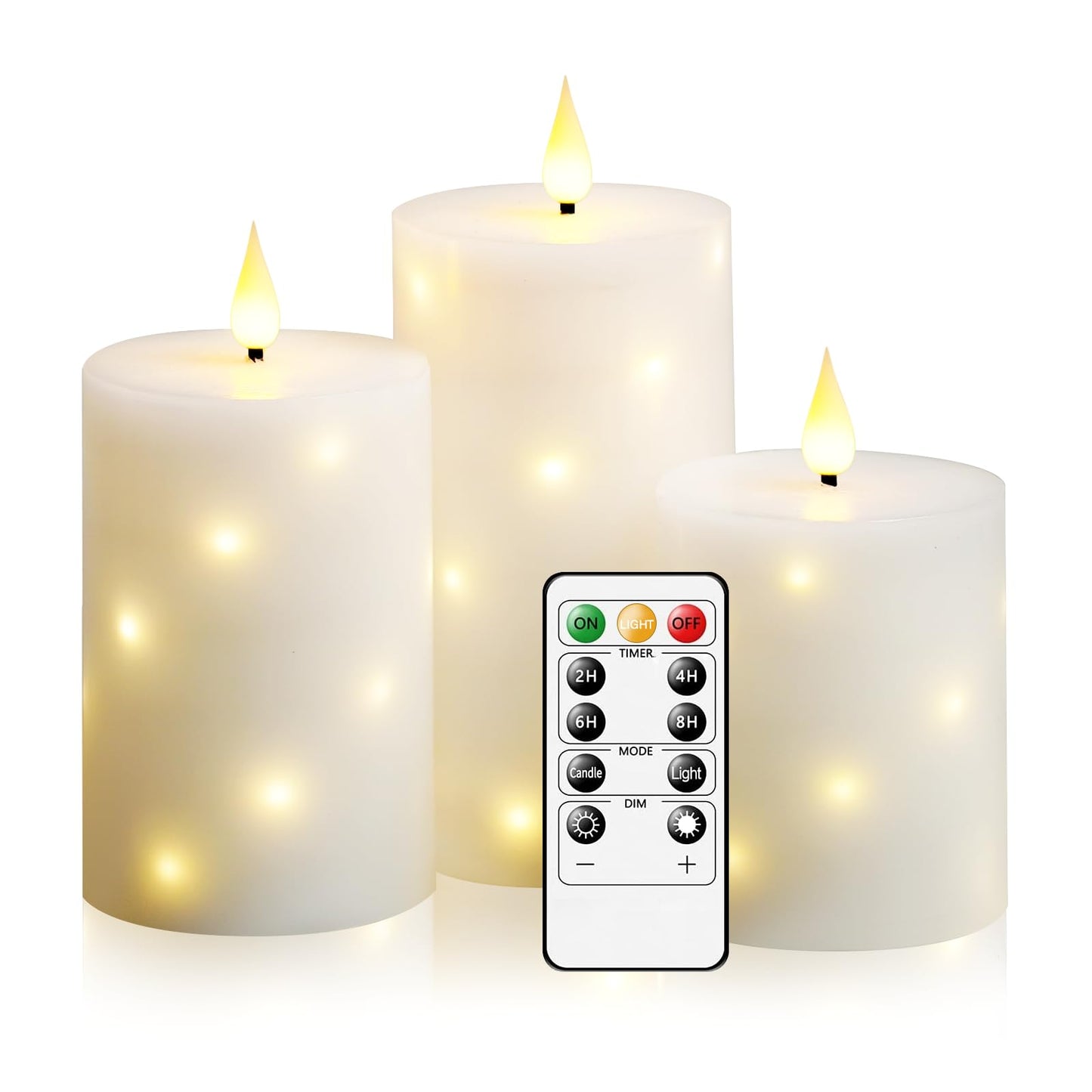 JINYANIA Flameless Candles with Embedded Star String, Real Wax Battery Operated Candles with Remote Timer, Flickering Pillar LED Candle Set for Home Decor Romantic Ambiance （White）