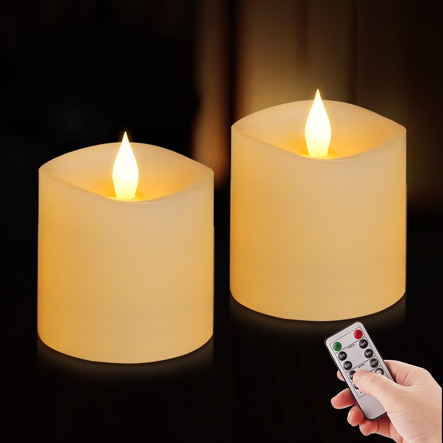 Genwelled Life Plus 3x3 Flameless Candles with Remote Set of 2, 3 inch Battery Candles Flickering with Timer, LED Pillar Candle for Indoor/Outdoor, Lvory White