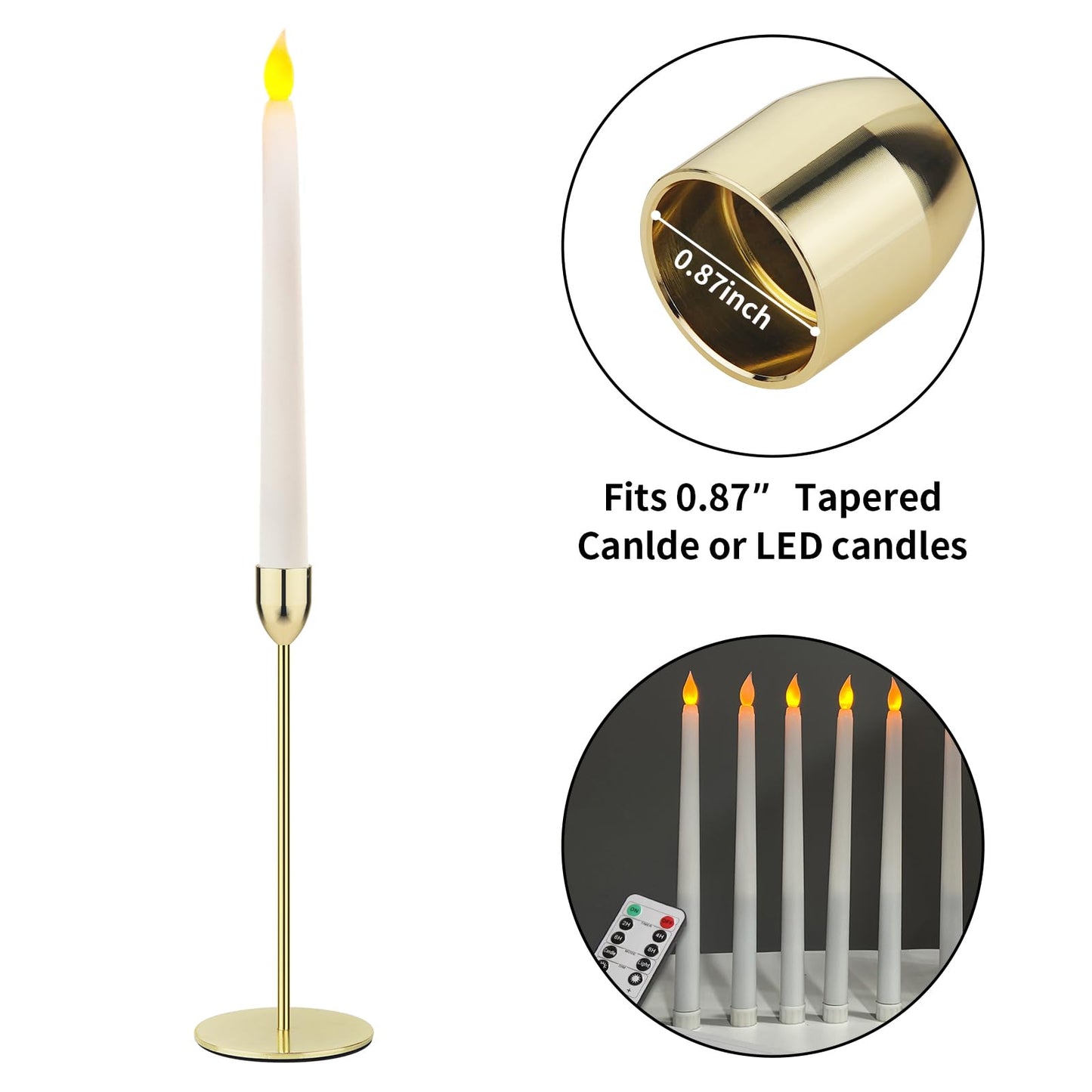 Ohtomber Gold Taper Candle Holder - 6PCS Candlestick Holders, Candlesticks Centerpiece Wedding Table Decor, Fit Pillar 3/4" Thick Tapered & Led Candles