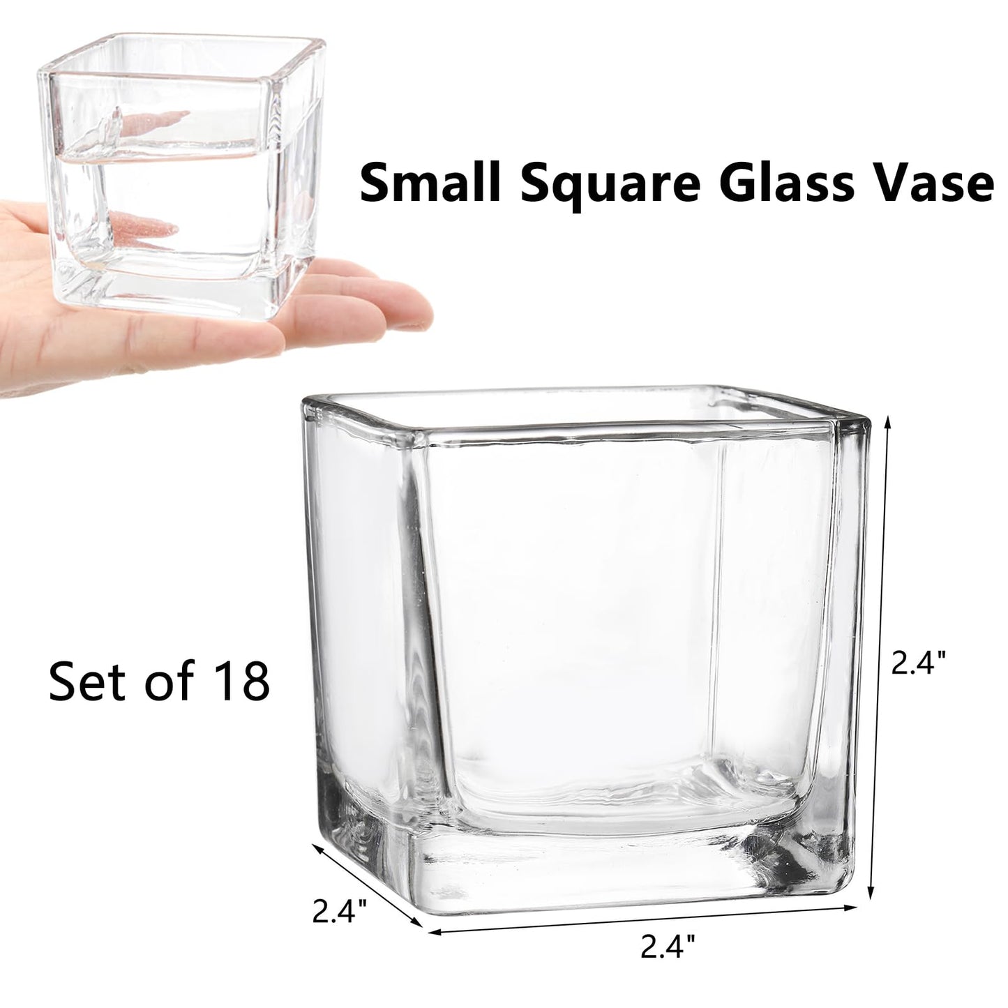 ZEAYEA Set of 18 Small Square Glass Vase, 2.4" x 2.4" Clear Cube Vase for Wedding Centerpieces Home Party Decoration, Square Glass Votive Candle Holder