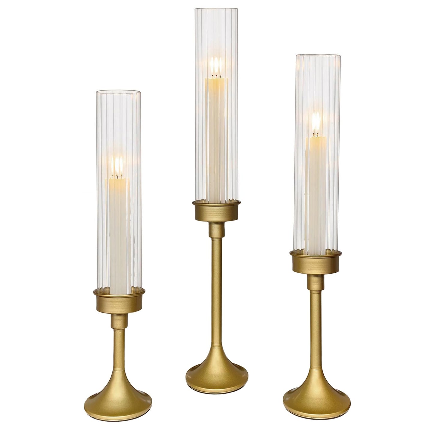 NOLIPED Gold Hurricane Candle Holders - Brass Candlestick Holders Set of 3 Tall Taper Candlesticks Fluted Glass Candle Stick Holder Decor for Wedding Party Christmas Mantel Dining Table Centerpieces