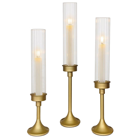 NOLIPED Gold Hurricane Candle Holders - Brass Candlestick Holders Set of 3 Tall Taper Candlesticks Fluted Glass Candle Stick Holder Decor for Wedding Party Christmas Mantel Dining Table Centerpieces