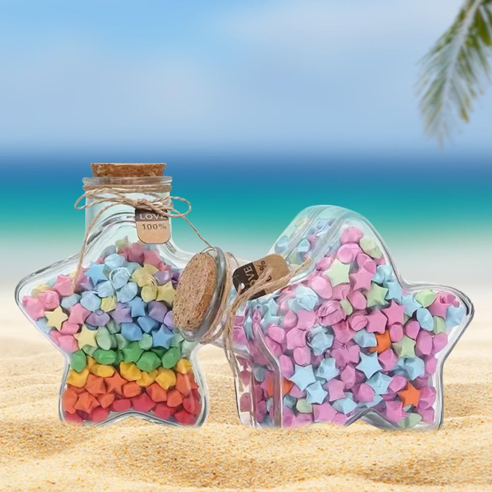 2 Pcs Starry Decorative Glass Bottles with Cork Stoppers,300ml(10 oz),Star-shaped glass vessel Design for Wedding,Party Favors,Home Decor-Includes Blessing Note & Jute Twine(Star)