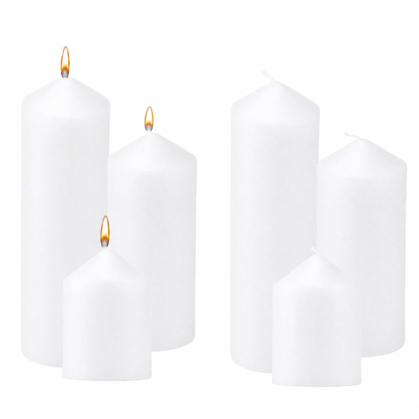6 Pcs Individually Wrapped Pillar Candles Bulk, 2x3 2x6 2x8 Inch, Unscented Dripless Smokeless, Hurricane Candles for Wedding Party, Spa, Home Decor (6 White Pointed-tip, 2 x 3/6/8 Inch)