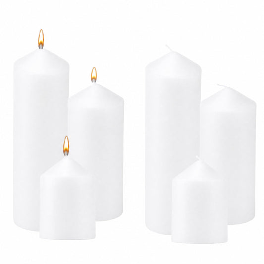 6 Pcs Individually Wrapped Pillar Candles Bulk, 2x3 2x6 2x8 Inch, Unscented Dripless Smokeless, Hurricane Candles for Wedding Party, Spa, Home Decor (6 White Pointed-tip, 2 x 3/6/8 Inch)