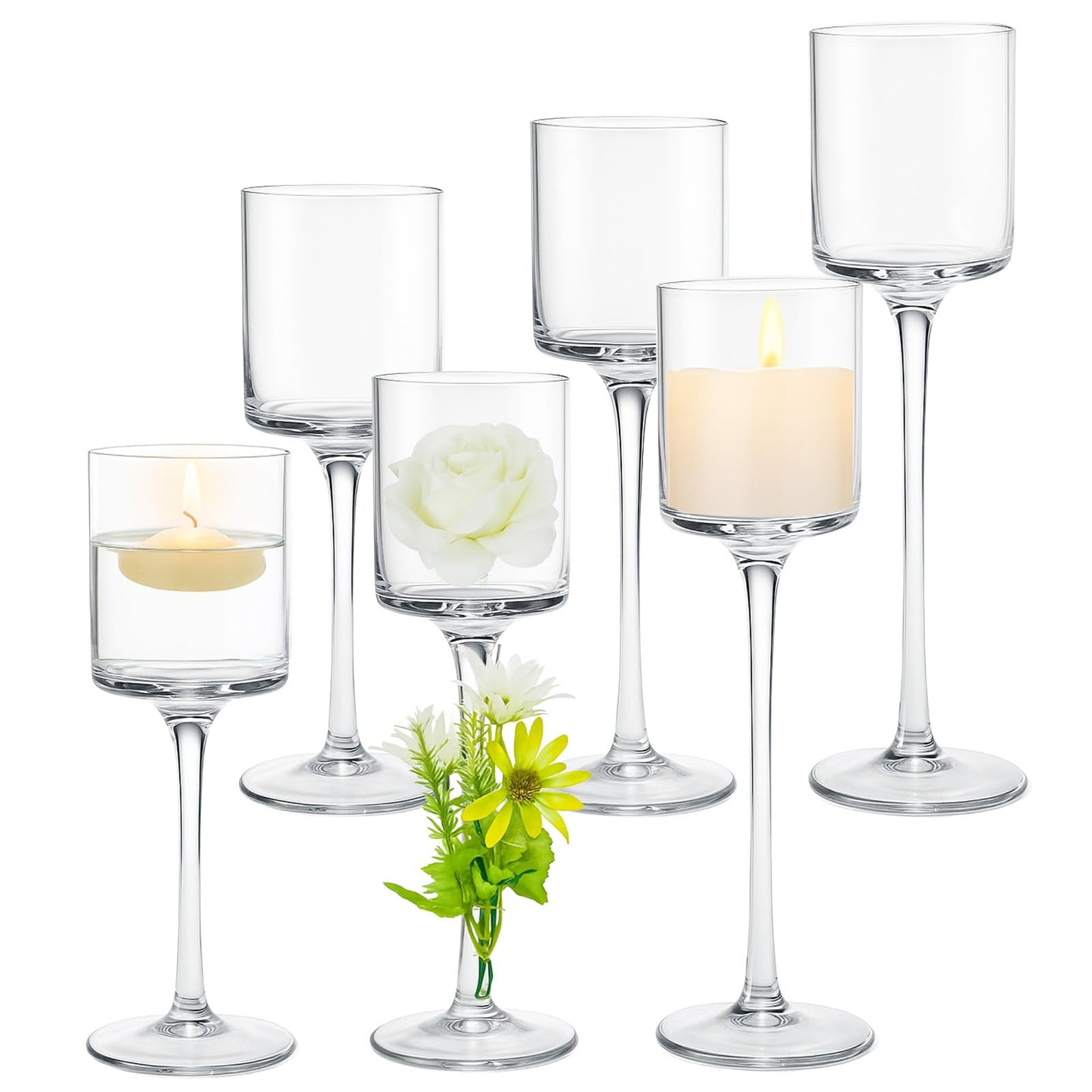 Maxcheck 6 Pcs Glass Candle Holder Tea Light Floating Candle Holders 7.87" 9" 10.2" Tall for Table Centerpiece Home Wedding Party Table Decor(Clear)