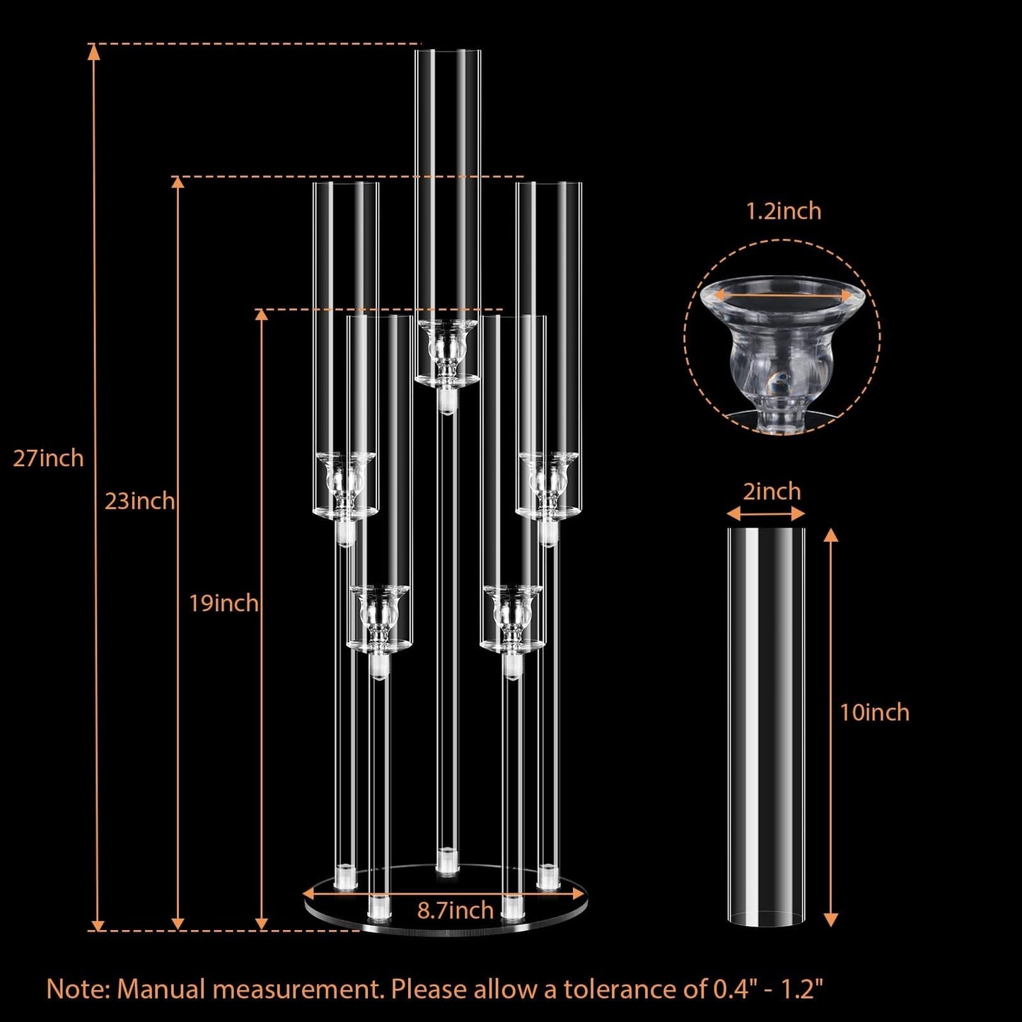 5 Arms Acrylic Candelabra Centerpieces for Tables, Clear Candle Holder for Halloween Christmas Wedding Party Decor, 27" Tall Candlestick Holders with Lampshade, Fits LED Candle(1pcs)