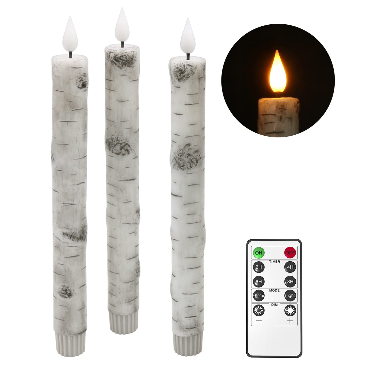 PChero Flameless Taper Candles with Remote Timer, Pack of 3 Birch Bark Real Wax Battery Operated Candlesticks, 9.6 Inches LED Flickering Window Candles for Home Wedding Christmas Decor
