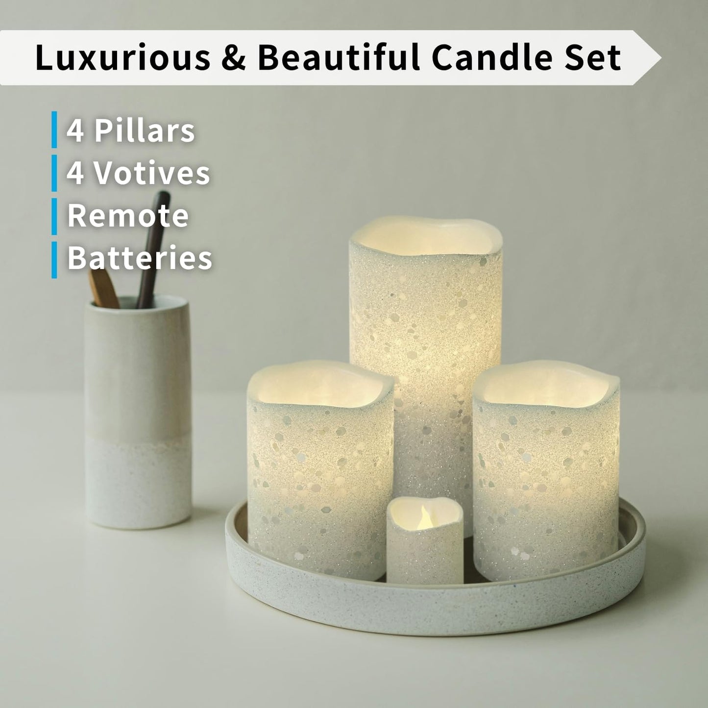FURORA LIGHTING White Glitter Flameless Candles - Real Wax, Adjustable Brightness, Remote & Timer - 4 Pillars (3x4, 3x6) and 4 Votives, 8-Pack, Battery Operated