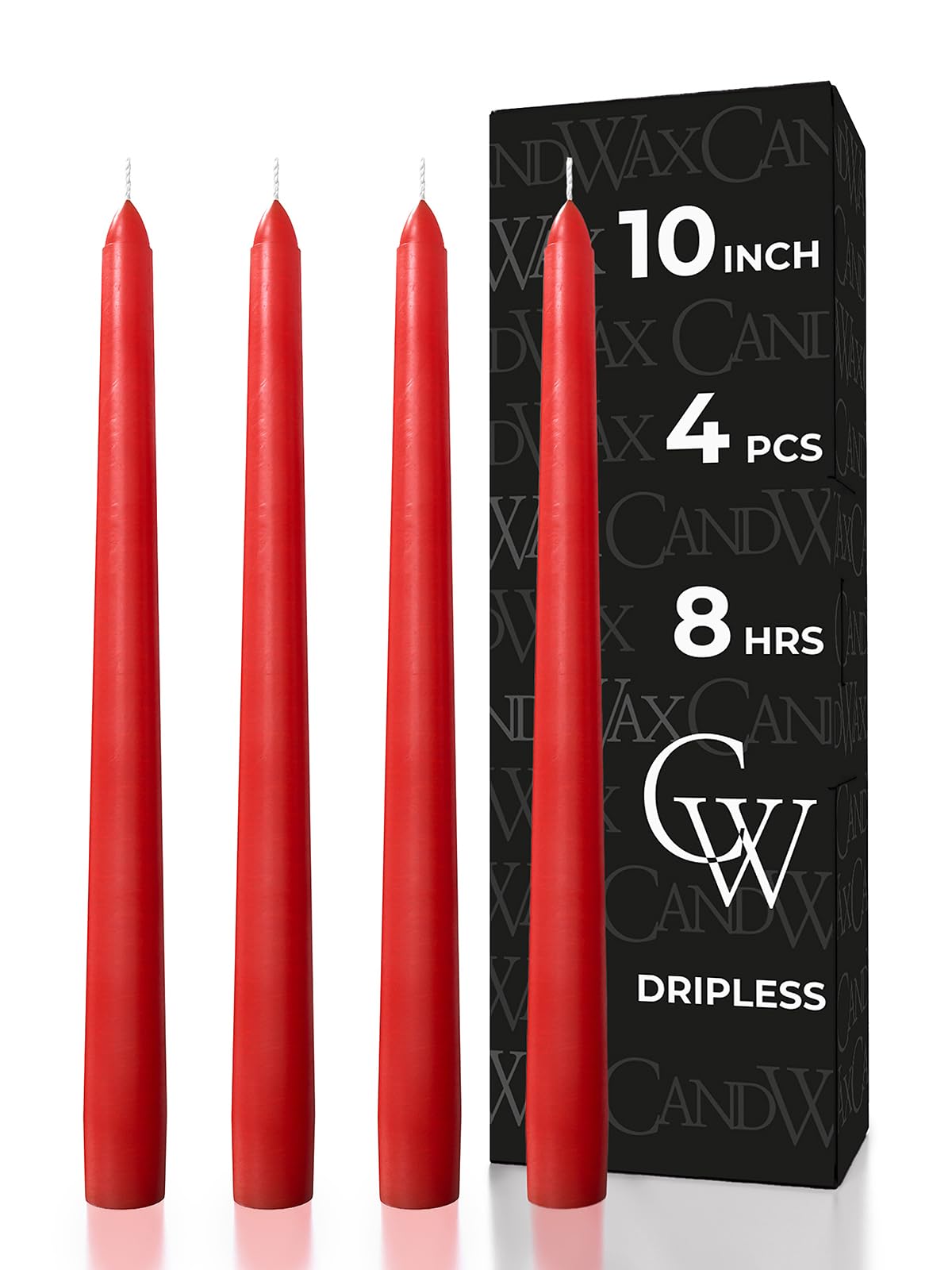 CANDWAX 10 inch Red Taper Candles Set of 4 - Unscented Smokeless Dripless Long Burning Candlesticks - Perfect as Taper Candlesticks for Dinner or Holiday Home Decor - Red Candle Sticks