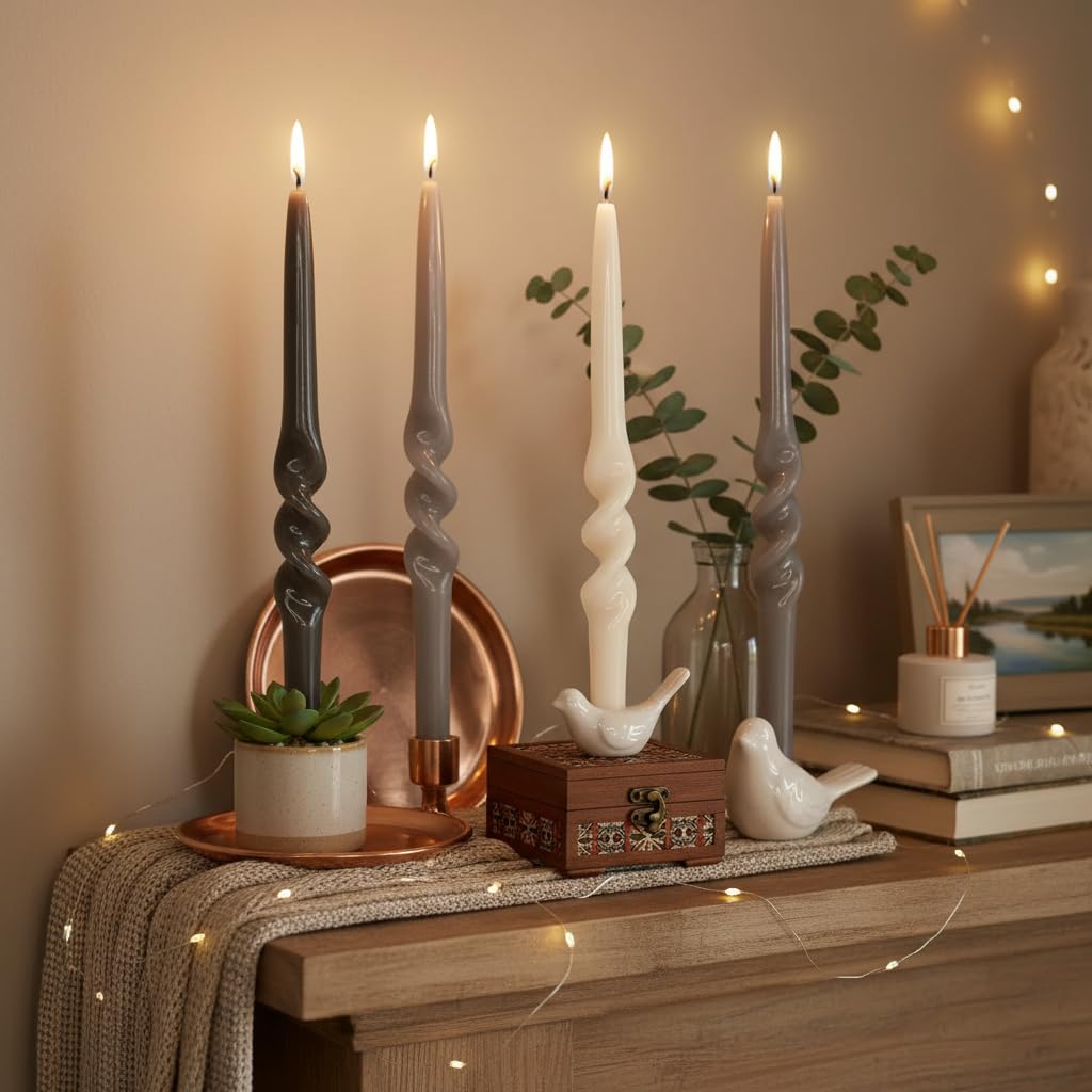 Gradient Coffee Spiral Taper Candles 10 Inch Thin Twisted Candlestick Unscented Candle Stick Smokeless Candle Gradient Tapered Candlesticks for Dinner Wedding Hygge Home Decor Holiday Relaxation