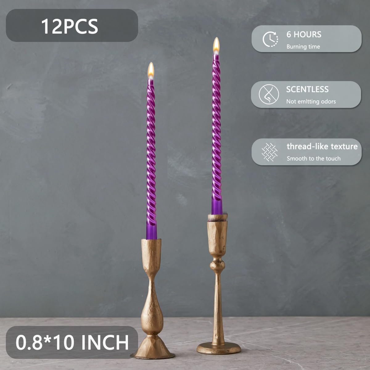 10 Inch Purple Spiral Taper Candles Set for Dinner, 12 PackUnscented Dripelss Candlesticks for Home Holiday Party Decoration