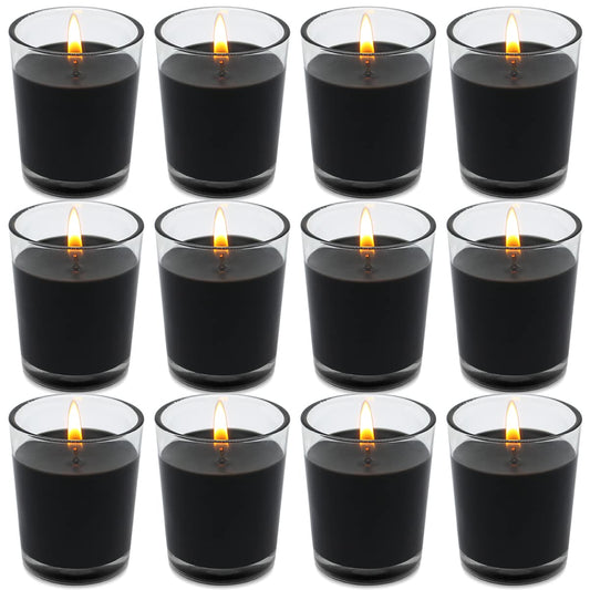 Set of 12 Black Votive Candles for Halloween Pumpkin, Clear Glass Filled Unscented Soy Wax Candle for Dinner, Parties, Home Decorations and DIY