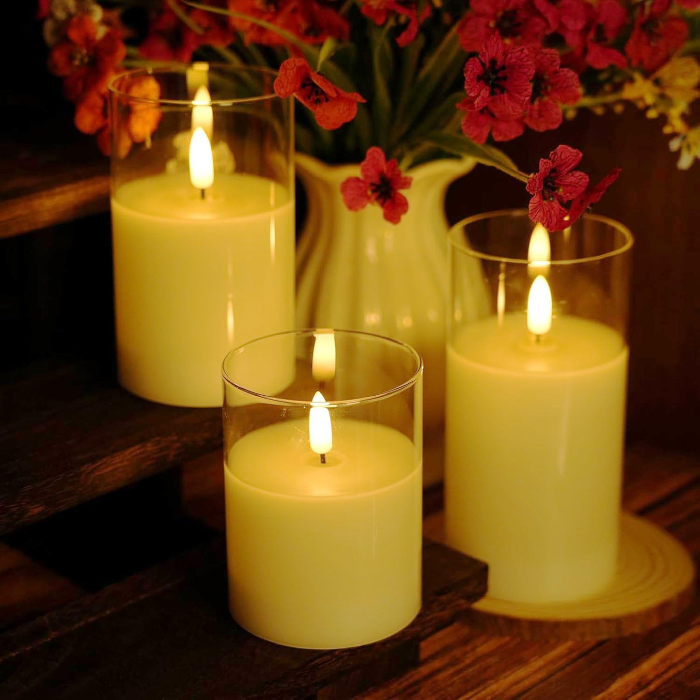 Homwamee Flameless Candle in Glass, Flashing LED Pillar Real Wax Fake Candle with Remote Control and Timer, Battery Operated Electronic Candles for Wedding Home Decorations - 3Pack