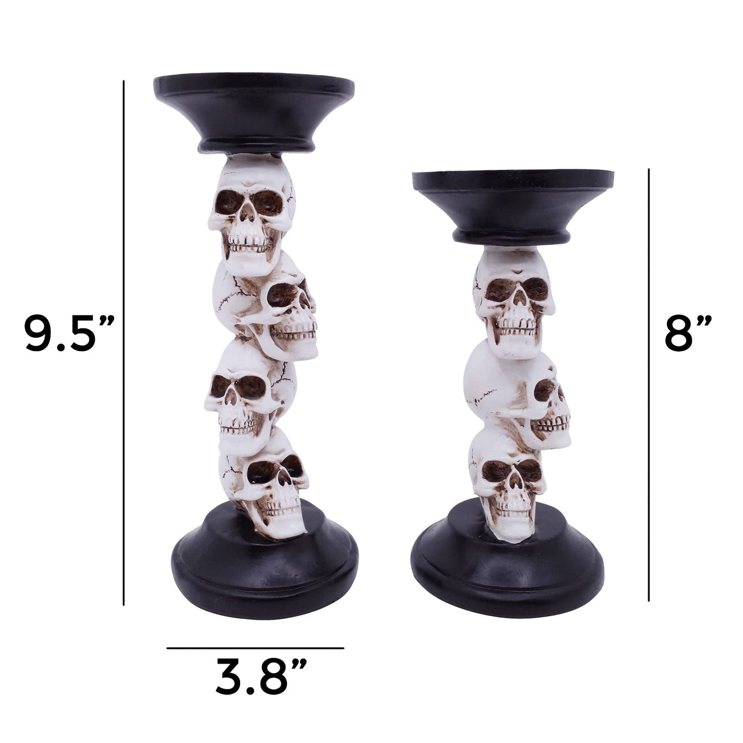 Etistta Halloween Skull Candle Holder for Fireplace Decorations, 9.5 Inch Tall Polyresin Candlestick Holders, White Bones Black Candlesticks for Decor, Set of 2