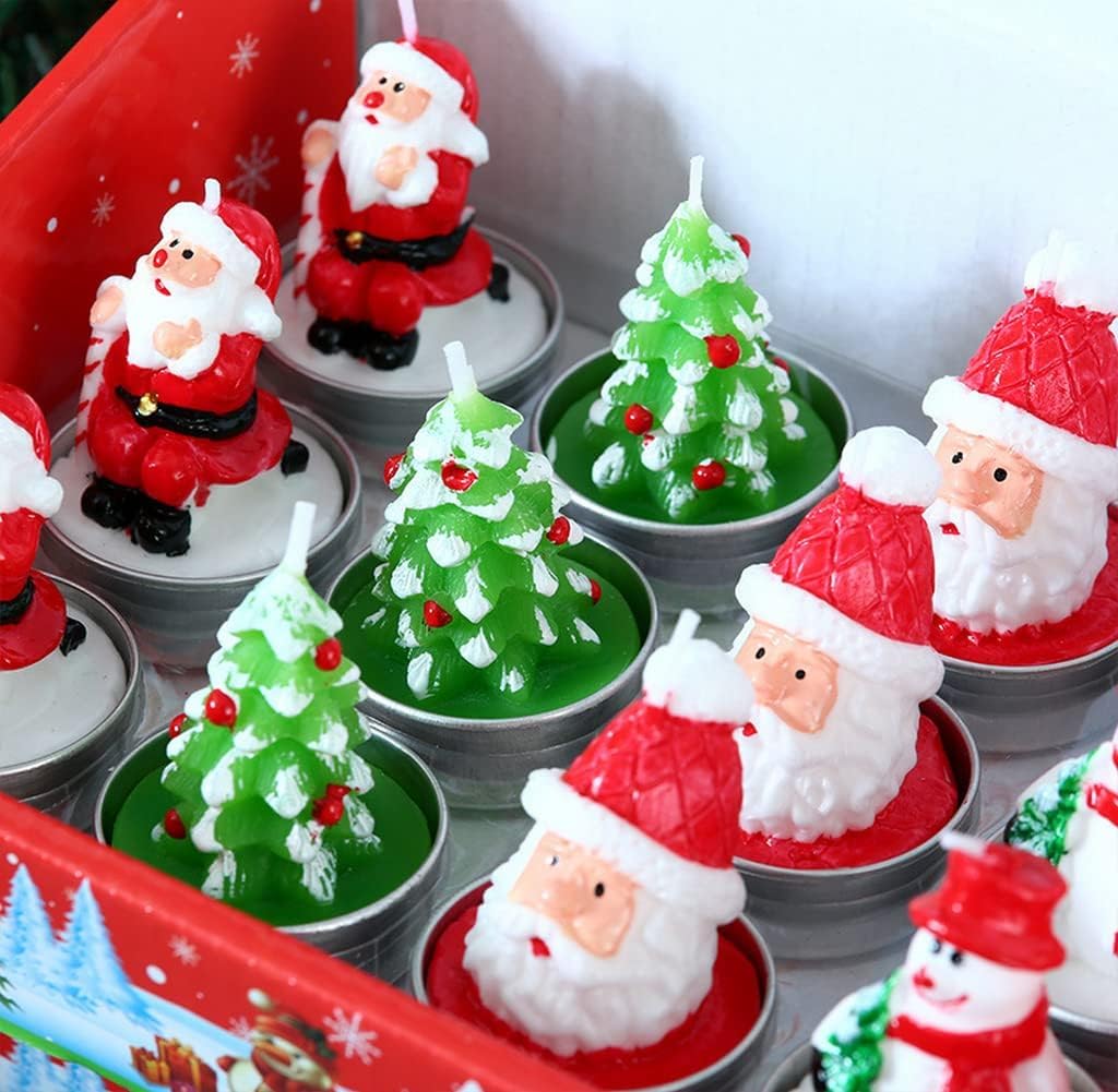 12 Pieces Tealight Candles Handmade Delicate Santa Hat Claus Christmas Tree Candle Wax Snowman Elk Pinecone House Candles for Party Wedding Spa HomeChristmas Decoration